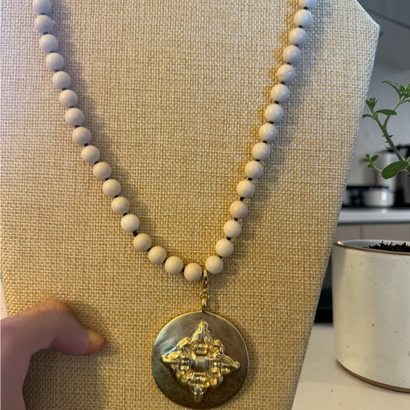 Parklane Jewelry - Gold Medallion Pendant Necklace with White Beaded Chain